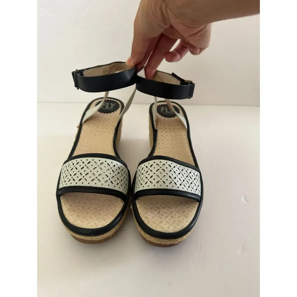 FLY London Sandal Wedge Espadrille Ekal White Black Womens 38 / 7.5